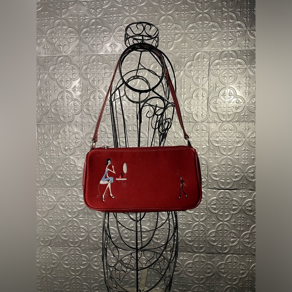 felt vintage Handbag embroidered lady sitting red mini shoulder bag purse htf